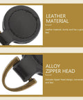 Close-up of Five Piece Set Of Badass Black Alloy Zipper Pull Replacement Tabs For Heavy Duty Backpacks featuring leather material and alloy zipper head.