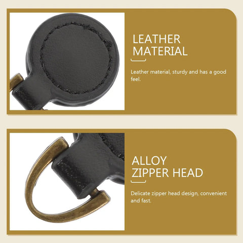 Close-up of Five Piece Set Of Badass Black Alloy Zipper Pull Replacement Tabs For Heavy Duty Backpacks featuring leather material and alloy zipper head.