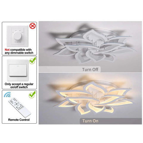 Dimmable LED Ceiling Light With Remote Control, Modern Acrylic Flush Mount Fixture, Flower Shape Metal Chandelier Style, On-Off