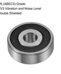 Close-up of 636-2RS Deep Groove Ball Bearing 6x22x7mm showing chrome steel design with rubber seals and inscriptions on metal surface.