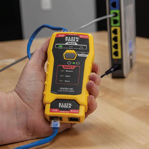 One Button Cable Tester For RJ11 RJ12 And RJ45 Voice And Data Cables With Remote LAN Explorer in hand, testing connection