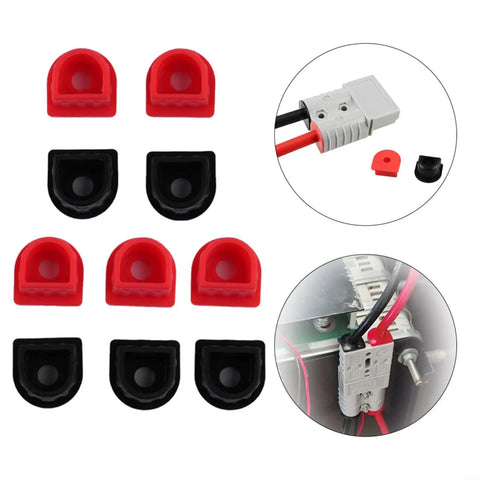 Red And Black Weatherproof Connector Dust Covers Kit, 10 pieces, shown with connectors on cables for polarity identification.