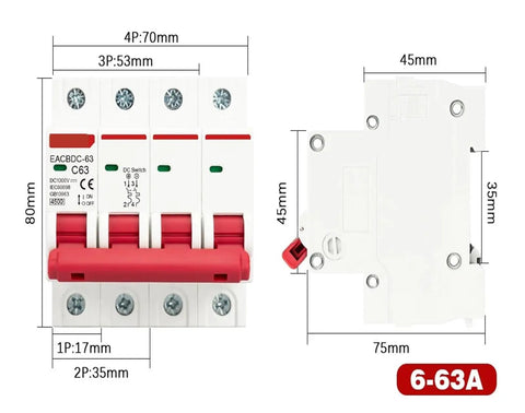 Real Deal Mini Circuit Breaker DC 1000V Rock Solid MCB Solar Overload Protection Switch For Panels with dimensions and amperage ratings.