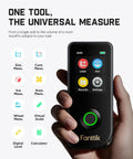 Hand holding the Three In One Pro Grade Laser Measuring Tool With 197 Ft Range, IPS Touch Screen And Side LCD, Wheel Roller, 3 Axis Digital Level