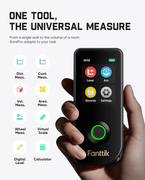 Hand holding the Three In One Pro Grade Laser Measuring Tool With 197 Ft Range, IPS Touch Screen And Side LCD, Wheel Roller, 3 Axis Digital Level