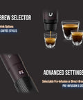 Portable Espresso Maker For Ground Coffee And NS Capsules, 20 Bar Pressure, brew selector interface and coffee styles