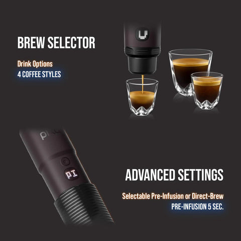 Portable Espresso Maker For Ground Coffee And NS Capsules, 20 Bar Pressure, brew selector interface and coffee styles