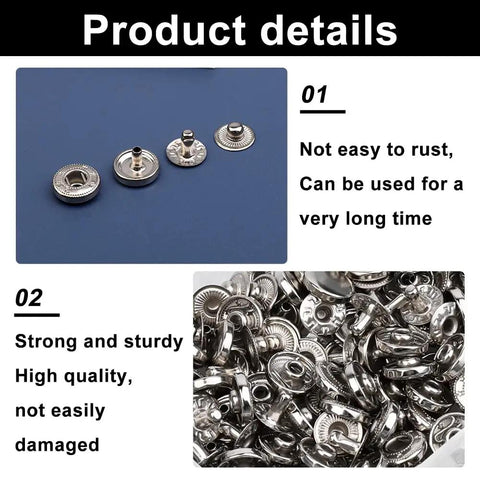 Top Shelf 50 Pair Leather Snap Fastener Kit 10Mm Silver Metal Snaps Straight Up showing rust-resistant silver snaps and detailed views.
