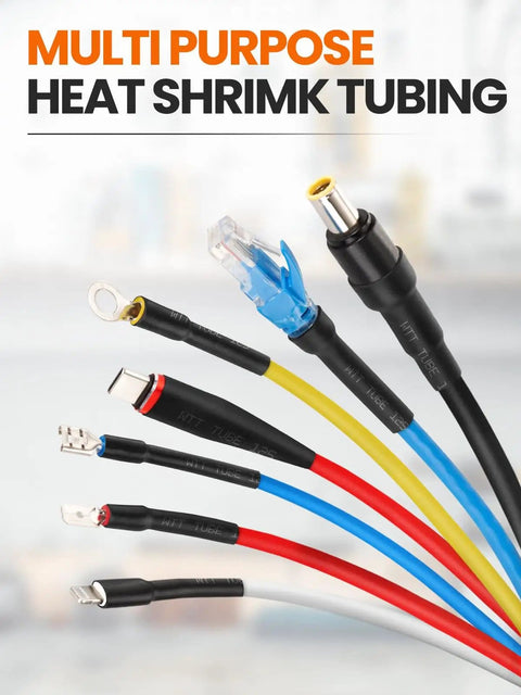 3:1 Heat Shrink Tubing Kit, 600 Pieces, Quick Shrink For Wire And Electrical Jobs, shown covering various wire connectors.