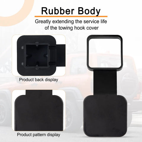Close-up of rubber 2 Inch Hitch Cover With Flag Design, Universal Receiver Tube Plug For Trailer Hitches, shown in different angles.