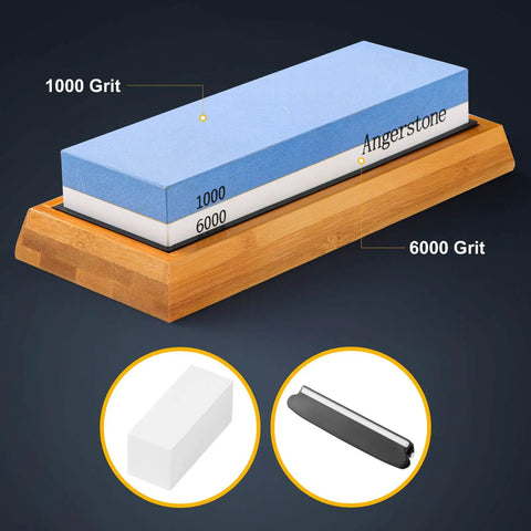 Premium Knife Sharpening Stone Whetstone 1000 6000 Grit With Non Slip Base Angle Guide And Wet Stone Sharpening Kit on bamboo holder