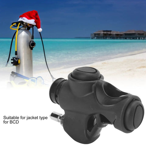 BCD Inflator Valve For Dive Gear Low Pressure Mini K Shape 3/4 Inch Hose Adapter, beach background, scuba tank