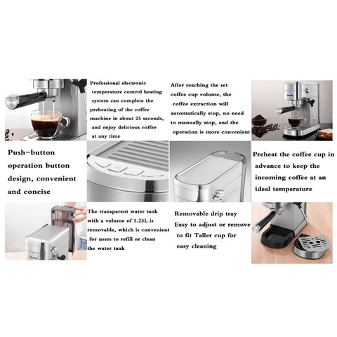 Semi Automatic Espresso Machine With 15 Bar Pressure And Powerful Milk Frother To Hit That Perfect Crema, Stainless Steel coffee maker with push-button operation.