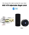 Heavy Duty Drip Proof Smart Deadbolt Lock With Touch Keypad For Front Doors showcasing adjustable single latch with dimensions in black.