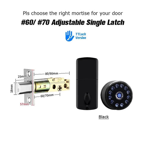 Heavy Duty Drip Proof Smart Deadbolt Lock With Touch Keypad For Front Doors showcasing adjustable single latch with dimensions in black.