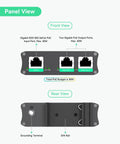 Heavy Duty 2 Port Gigabit PoE Extender With Passthrough And Split 30W To Two PoE Cameras front and rear panel view