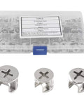 75 Pack Heavy Duty Cam Lock Nuts With Tough As Nails Furniture Connector Hardware Rustproof Zinc Alloy Eccentric Wheel Cabinet Fitting Kit components displayed in a clear storage case.
