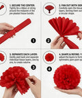 Instructions for assembling red paper pompoms from the All In One 4th Of July Golf Cart Decor Kit For Parades And Independence Day Patriotic Banner Tassel Garlands Fringe Curtains Star Garlands Paper Pompoms And Flag Balloons To Deck Out Your Ride.
