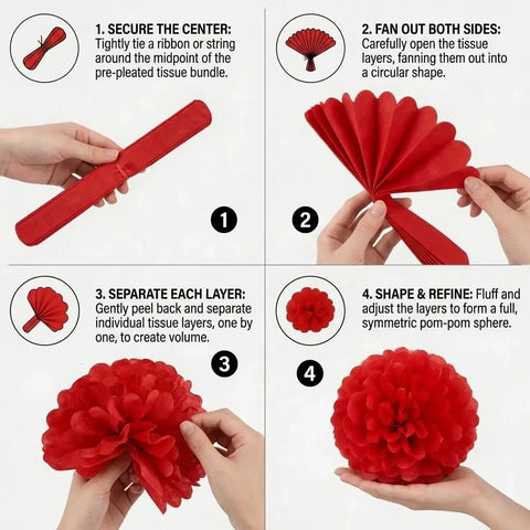 Instructions for assembling red paper pompoms from the All In One 4th Of July Golf Cart Decor Kit For Parades And Independence Day Patriotic Banner Tassel Garlands Fringe Curtains Star Garlands Paper Pompoms And Flag Balloons To Deck Out Your Ride.