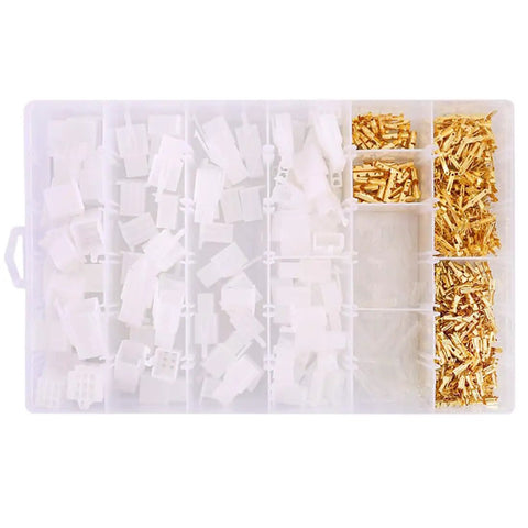 700 Pcs Car And Motorcycle Wire Terminal Connector Kit 2.8mm 2 3 4 6 9 Pin Male And Female Automotive Electrical Wire Connectors Pro Grade Easy Plug And Play For Quick Repairs And Upgrades - top view of organizer with gold and white connectors