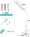 Clip On Reading Light With USB Rechargeable Power Eye Protection 24 LED Flexible Neck Night Bed Lamp dimensions and USB detail