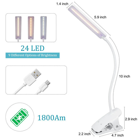 Clip On Reading Light With USB Rechargeable Power Eye Protection 24 LED Flexible Neck Night Bed Lamp dimensions and USB detail