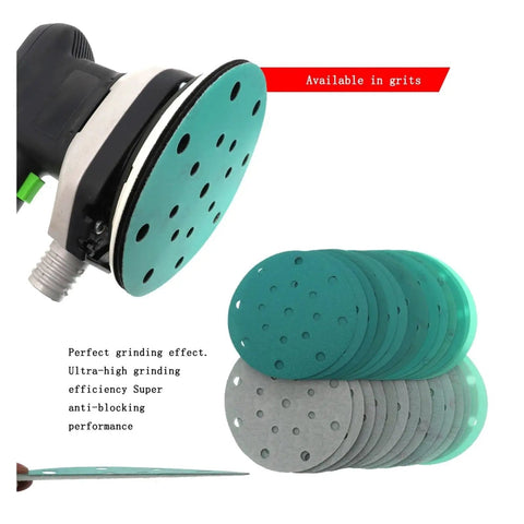 Close-up of a 6 inch heavy duty sanding disc with 17 holes on a random orbital sander, ideal for wet and dry projects.