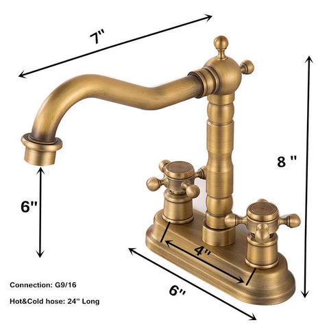 Old School Antique Brass Centerset Bathroom Faucet With Two Handles, Pop Up Drain And Hoses, 360 Degree Swivel Cross Knobs