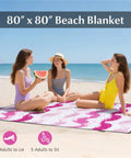 Three people sitting on pink 80x80 in blanket at beach from Six Point Two Foot Beach Umbrella With Two Folding Chairs And Waterproof Blanket Grab And Go Pink 4 Piece Beach Set For Chill Beach Days Camping And Picnics Portable Outdoor Gear.