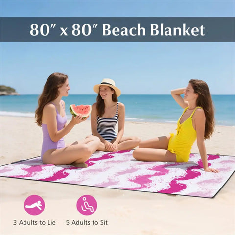 Three people sitting on pink 80x80 in blanket at beach from Six Point Two Foot Beach Umbrella With Two Folding Chairs And Waterproof Blanket Grab And Go Pink 4 Piece Beach Set For Chill Beach Days Camping And Picnics Portable Outdoor Gear.
