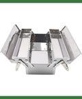 Tough As Nails 16.5 Inch Rustproof Stainless Steel Toolbox With Two Reinforced Tiers And Three Quick Grab Trays For Weekend Warriors And Pro Mechanics Jobsite, open view showing storage space.
