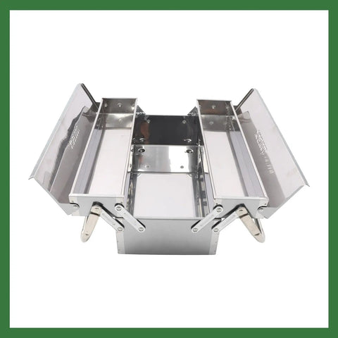 Tough As Nails 16.5 Inch Rustproof Stainless Steel Toolbox With Two Reinforced Tiers And Three Quick Grab Trays For Weekend Warriors And Pro Mechanics Jobsite, open view showing storage space.