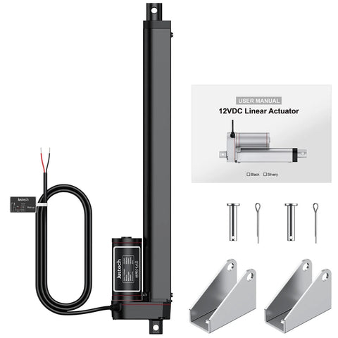 Justech 12V heavy-duty black linear actuator with mounting brackets and hardware