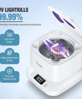 Detachable 45kHz Ultrasonic Retainer Cleaner with digital timer, visible window, and UV light sanitizing dentures inside.