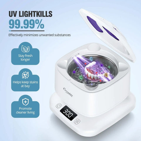 Detachable 45kHz Ultrasonic Retainer Cleaner with digital timer, visible window, and UV light sanitizing dentures inside.