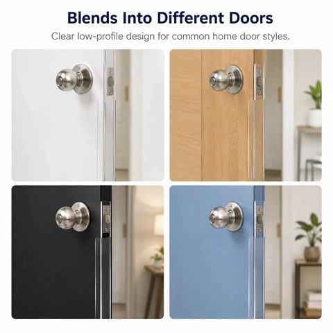 Four door styles featuring Doggo Approved Door Frame Guards Eight Pack Clear L Shaped Edge Protectors for various interiors.