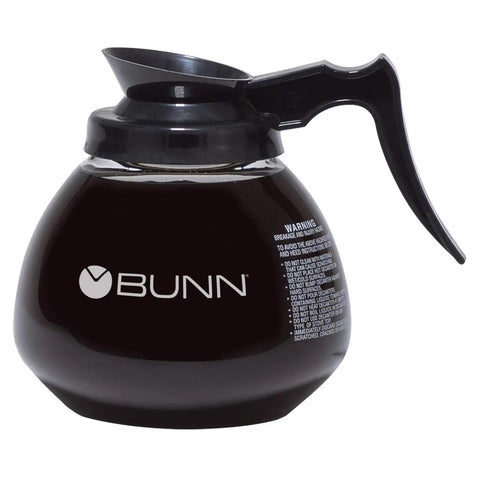 Glass 12-Cup Commercial Coffee Decanter for 12-Cup Brewers Black Cap and Handle 64-Ounce Shatter-Resistant Glass shown in side view