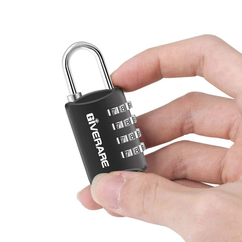 Hand holding a black 4 Pack 4 Digit Keyless Padlocks Resettable Luggage Locks Weatherproof For Backpacks Gym School Lockers Travel Case Fence Gate Hasp Black Durable Security For Bags And Gear