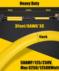 Heavy Duty 50 Amp Nema 10-50P To Dual 10-50R Y Splitter Cord Rock Solid Non Grounding 6 Awg 250V Power Extension close-up