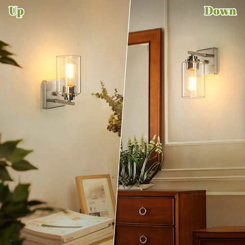 Set Of 2 Brushed Nickel Wall Sconces For Bathroom And Hallway Modern Farmhouse Vanity Lights With Clear Glass Shade