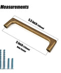 Antique Brass Cabinet Pulls 5 Inch Hole Centers 128mm Zinc Alloy Handles with screws and measurements displayed