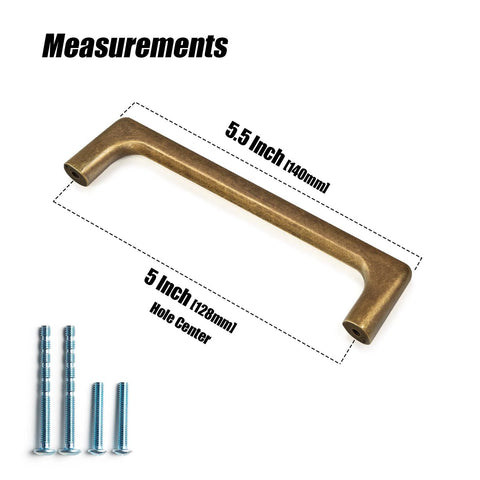 Antique Brass Cabinet Pulls 5 Inch Hole Centers 128mm Zinc Alloy Handles with screws and measurements displayed