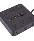 Flat Head Power Strip With 12 AC Outlets And 4 USB Ports, top view showing outlets and charging ports for multiple devices.