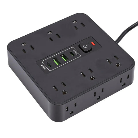 Flat Head Power Strip With 12 AC Outlets And 4 USB Ports, top view showing outlets and charging ports for multiple devices.