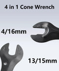 Close-up of Bike Hub Cone Wrench 13 14 15 16mm Double Sided Pedal Wrench with 13/15mm and 14/16mm ends, durable steel.