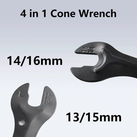 Close-up of Bike Hub Cone Wrench 13 14 15 16mm Double Sided Pedal Wrench with 13/15mm and 14/16mm ends, durable steel.