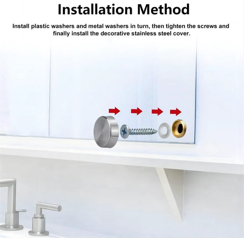 Installation method for Top Shelf Stainless Steel Screw Cover Caps 16Mm Mirror Nails, showcasing components and assembly steps.
