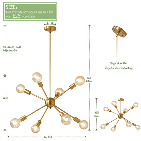 Dope Gold Sputnik Chandelier Modern Brass Lighting Set with Eight-Light Ceiling Fixture, adjustable height diagram.