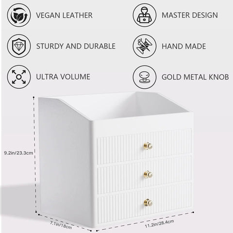 Beige White Vegan Leather Office Organizer With Three Drawers And Tray, Perfume And Jewelry Storage, Gold Tone Metal Knob Accent