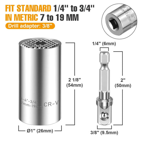 Universal Socket Set For Seven To Nineteen Millimeters And Eleven To Thirty Two Millimeters With A Multi Function Socket Tool And Drill Adapters Three Eighths Inch And One Half Inch Must Have For Auto Work Home Repairs Handyman Gear And Diy Gifts For Dad, showing socket and drill adapter with measurements.